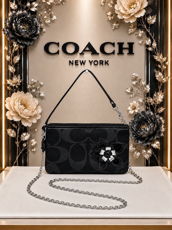 Coach Handbags - Coach Black Signature Floral Appliqué Wristlet Clutch